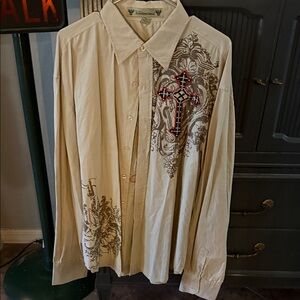 Men's Beige Embroidered Button Down Shirt